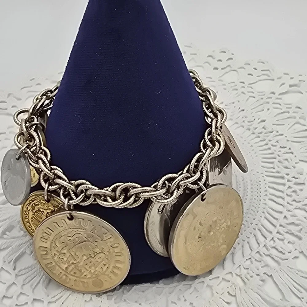 Vintage Coro Coin Charm Bracelet Mid Century Around the World Jewelry Full